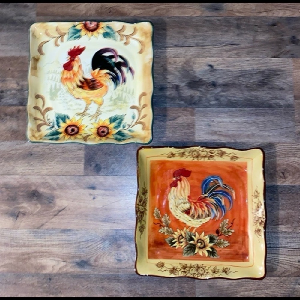 2 pc maxcera village rooster sunflower hand painted set
